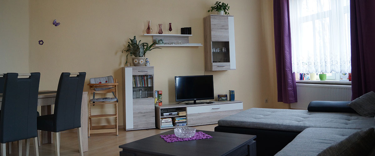 Wohnbereich der Ferienwohnung mit Fernseher, Sitzgruppe und Schreibtisch