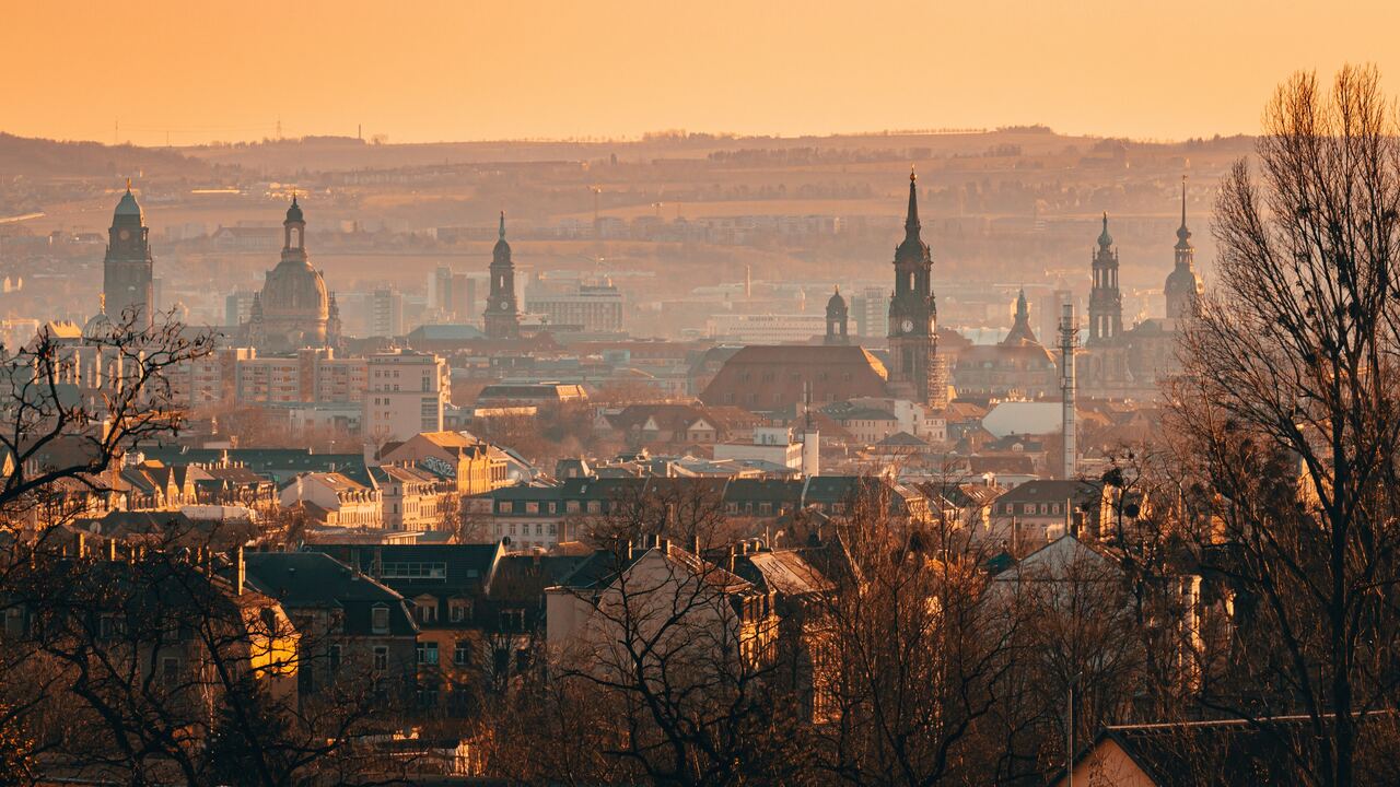 Blick über Dresden auf die Altstadtsilhouette mit Frauenkirche und Hofkirche im Morgenlicht